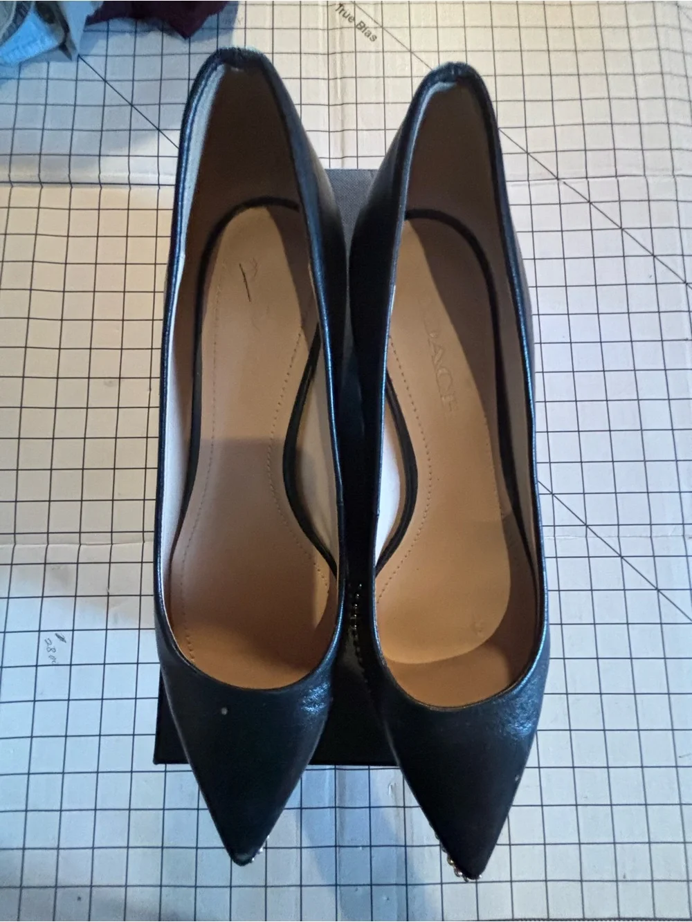 Coach Black Pointed Toe Low Block Heel Pumps with Gold Trim